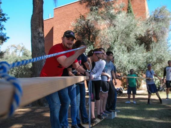 Students working together on a team-building exercise.